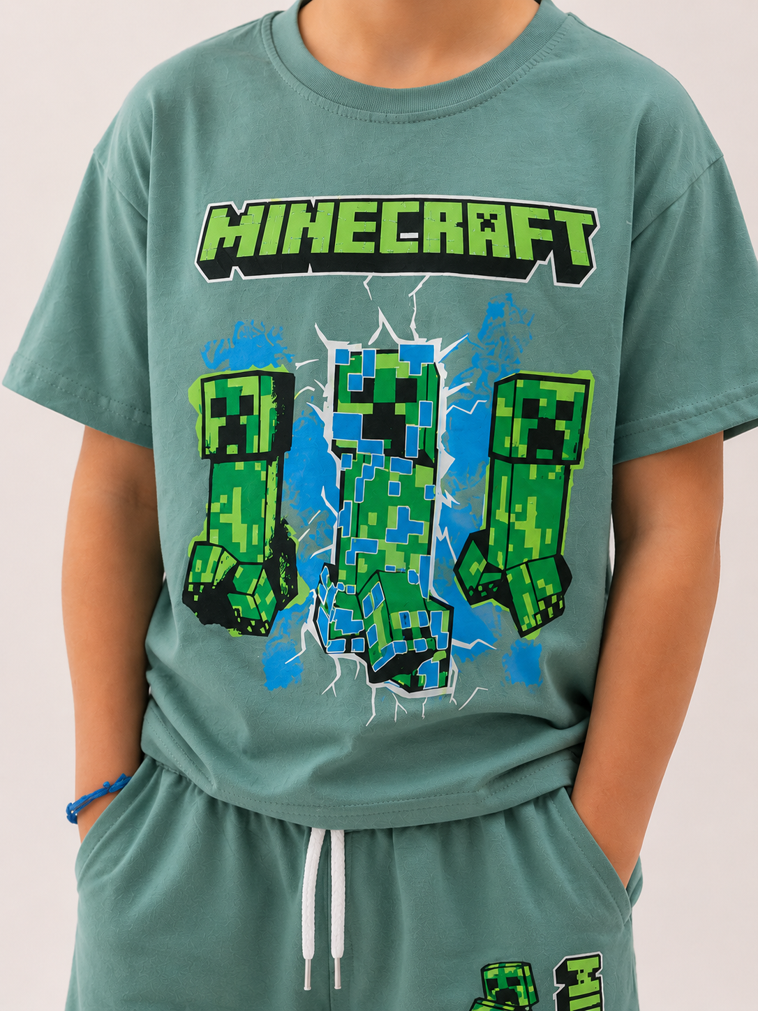Комплект Minecraft за момче – тениска и къси панталони в зелен цвят
