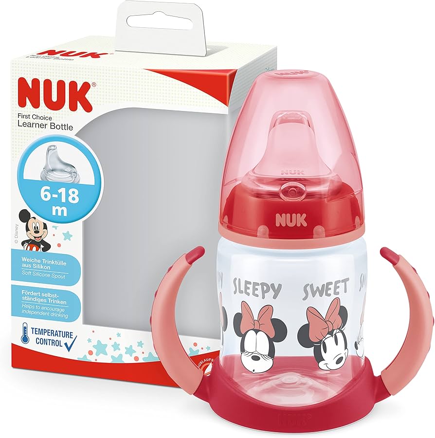 NUK First Choice Учебна бутилка с мек силиконов накрайник 150 мл, 6–18 месеца, Disney Minnie