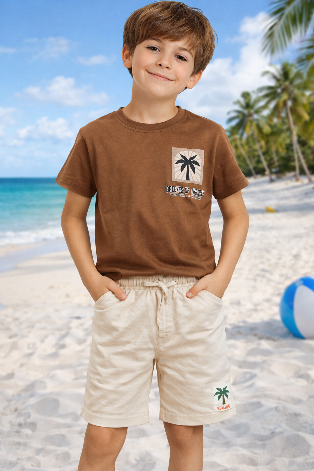 Детски летен комплект за момче – кафява тениска и бежови къси панталони