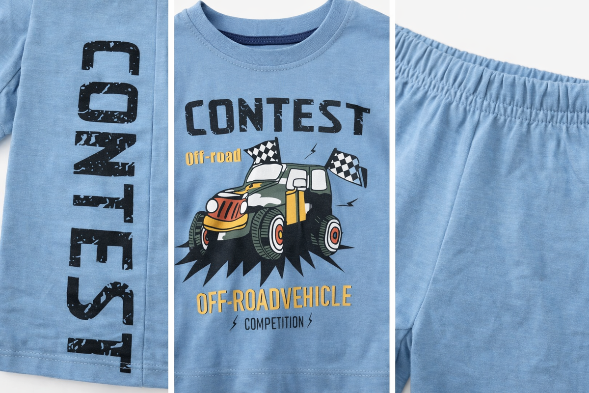 Детски комплект за момче Off Road Contest син – тениска и къси панталони 100% памук