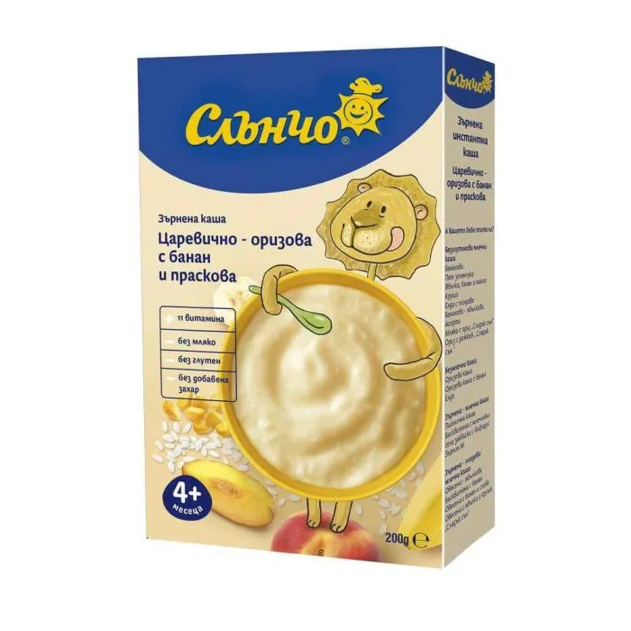 Слънчо зърнена инстантна каша „Царевично-оризова с банан и праскова“ (4+ месеца) – 200 г