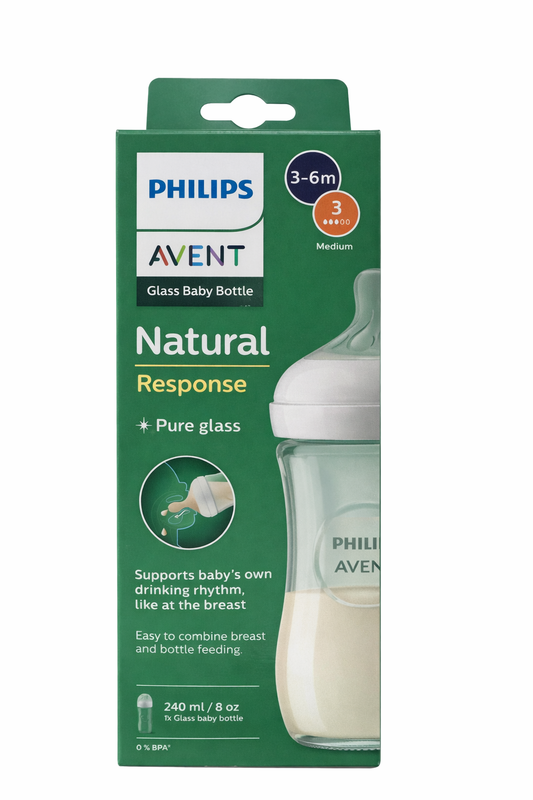 Стъклено шише за хранене Philips AVENT Natural Response 240 мл – Поток 3, 3–6 месеца+
