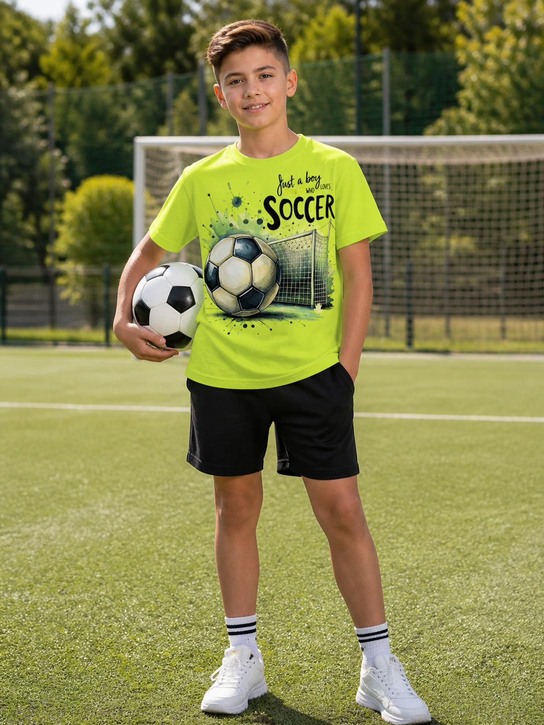 Детска тениска Soccer – неоново зелена спортна тениска за момче