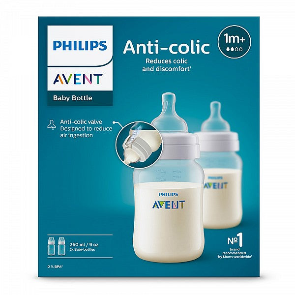 Комплект от 2 бр. шишета за хранене Anti-Colic 260 мл, с биберон със сила на потока 2, 1м+ Philips AVENT SCY103/02