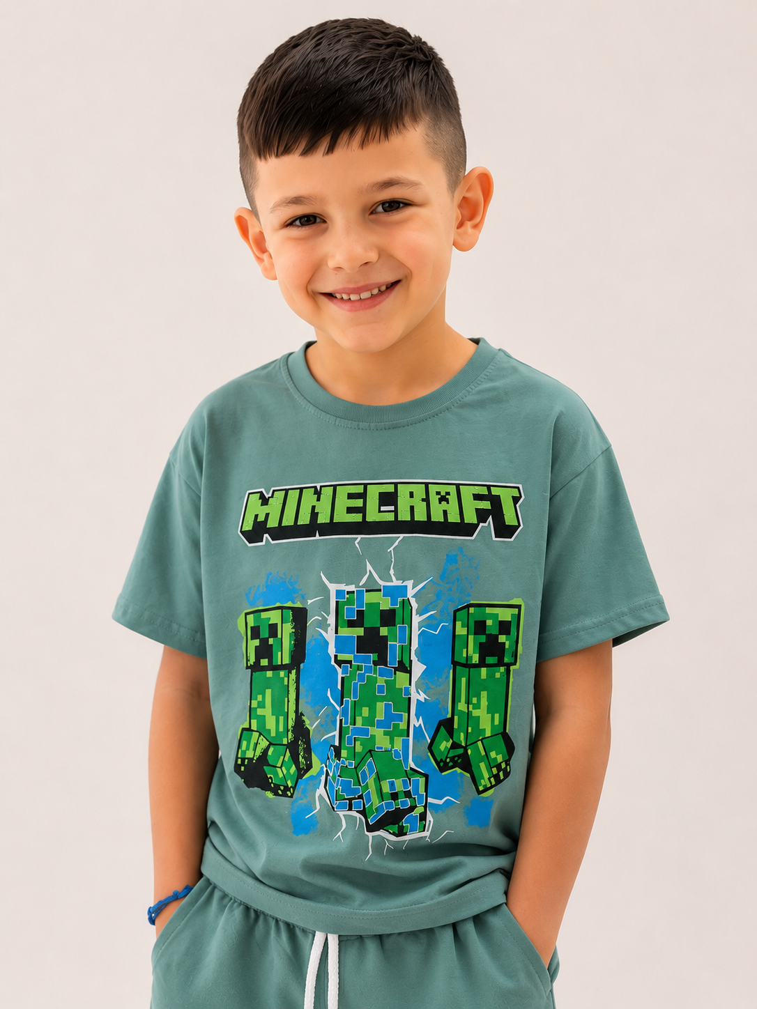 Комплект Minecraft за момче – тениска и къси панталони в зелен цвят