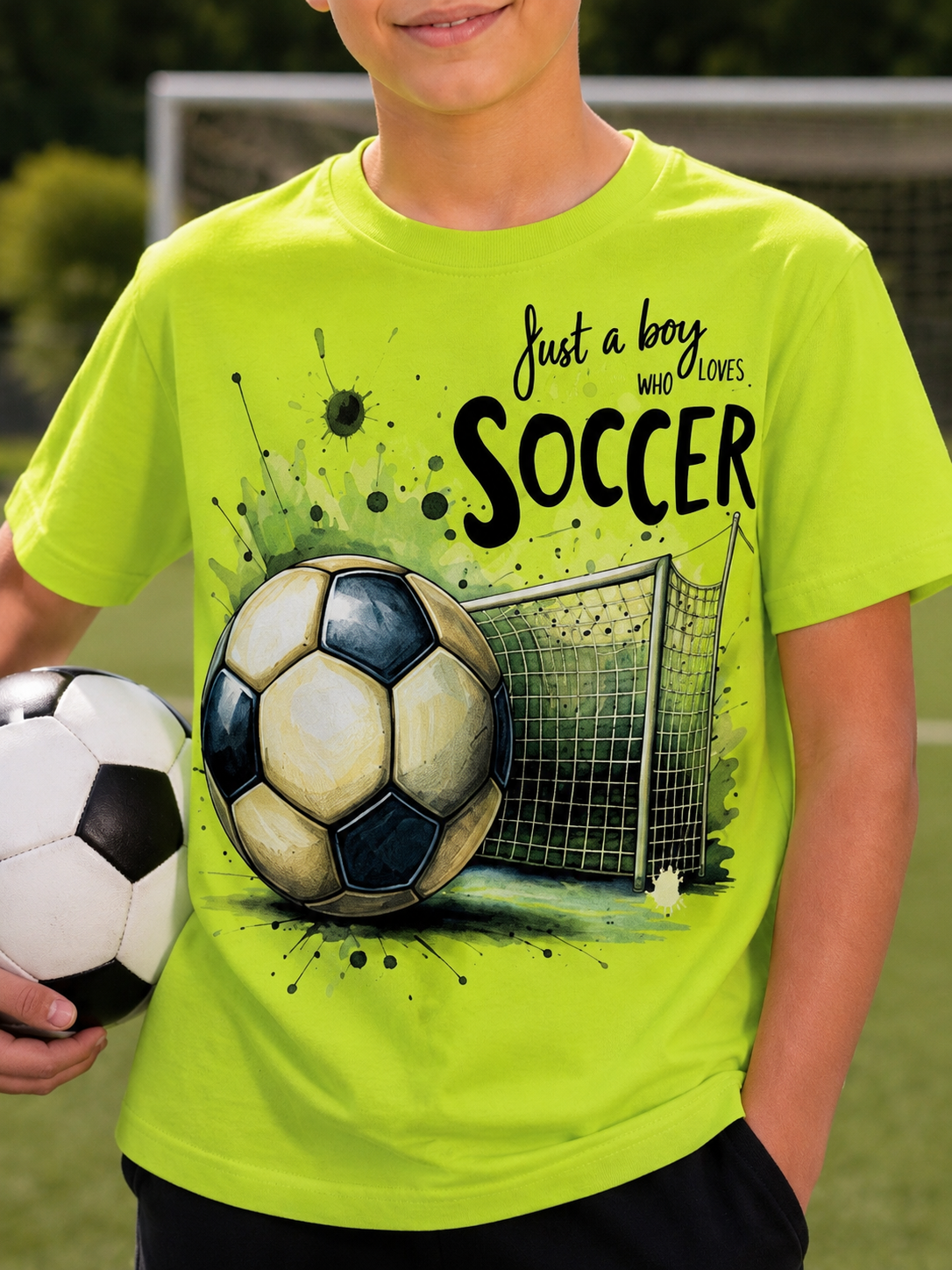 Детска тениска Soccer – неоново зелена спортна тениска за момче