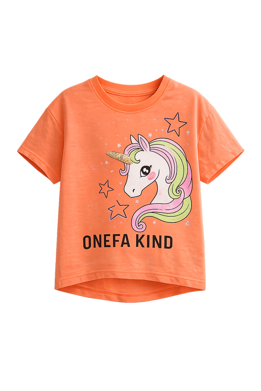 Детска тениска с еднорог One of a Kind – оранжева