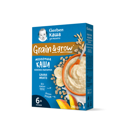 Gerber Grain & Grow Млечна каша – Овес и пшеница с банан и манго (6+ месеца)
