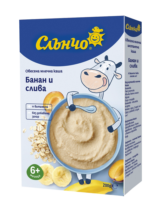 Слънчо Овесена млечна каша Банан и слива 200 г (6+ месеца)