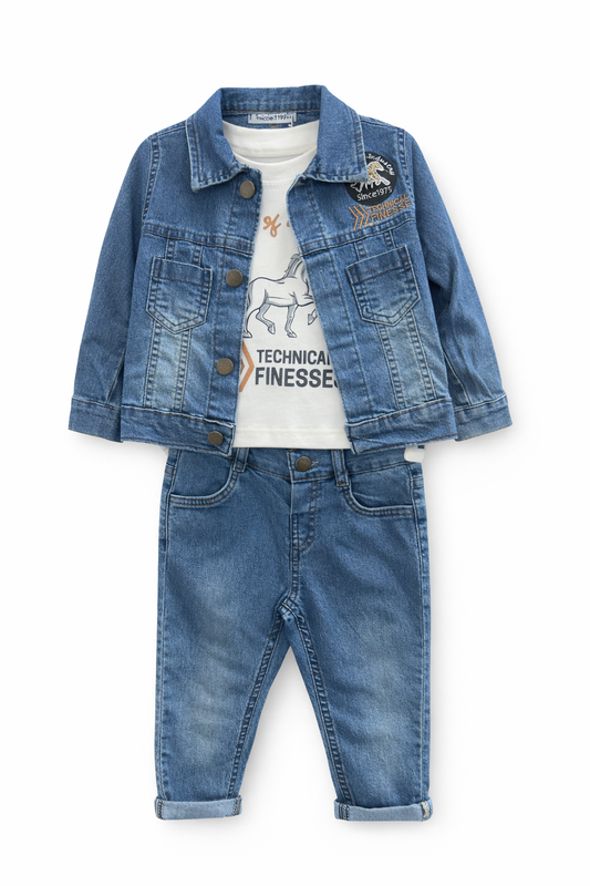 Детски комплект за момче – дънково яке, блуза и дънки