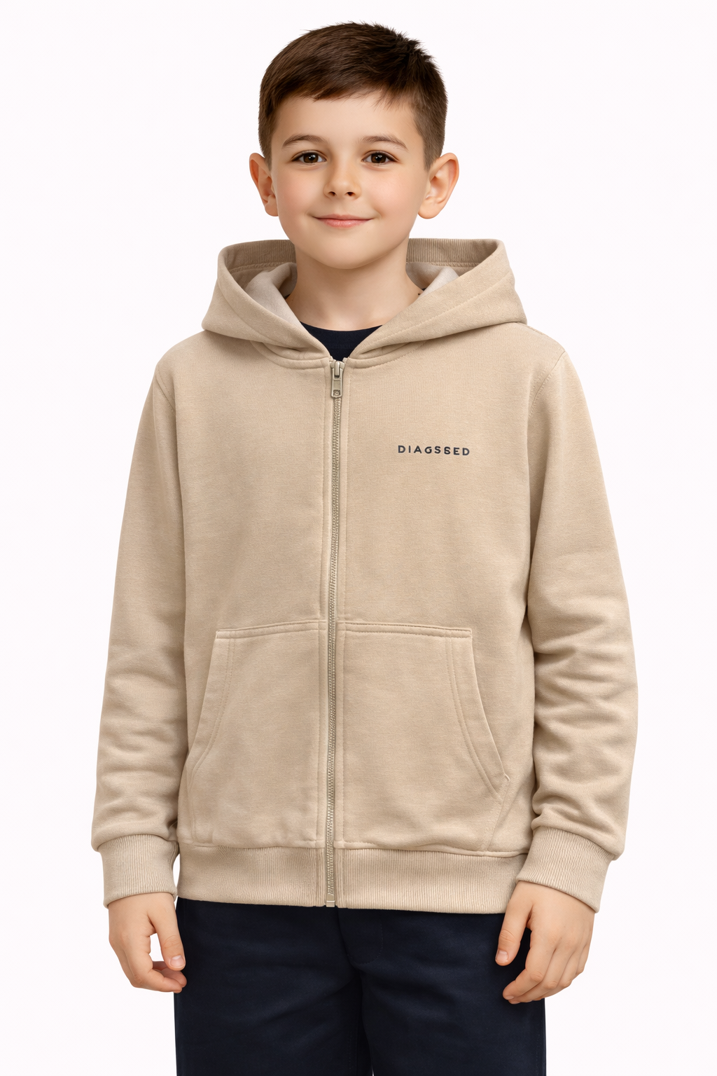 Детски суичер с качулка и цип – бежов