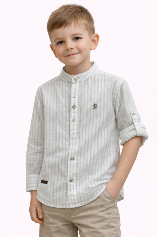 Детска риза с дълъг ръкав – бяло със светлозелено райе