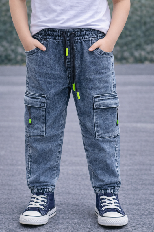 Детски дънков панталон тип jogger с джобове