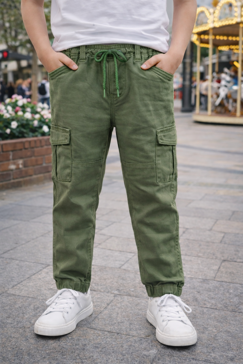 Детски карго панталон в зелено с ластик и връзки