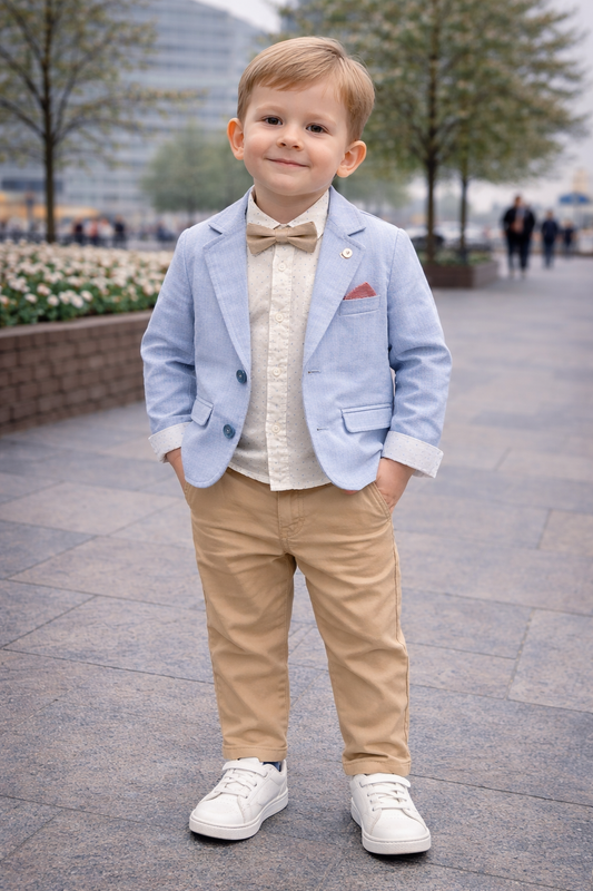 Детски елегантен костюм от 4 части – сако, риза, папионка и панталон