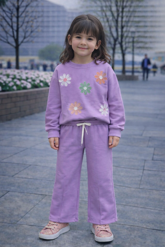 Детски комплект за момиче – блуза с бродирани цветя и широк панталон