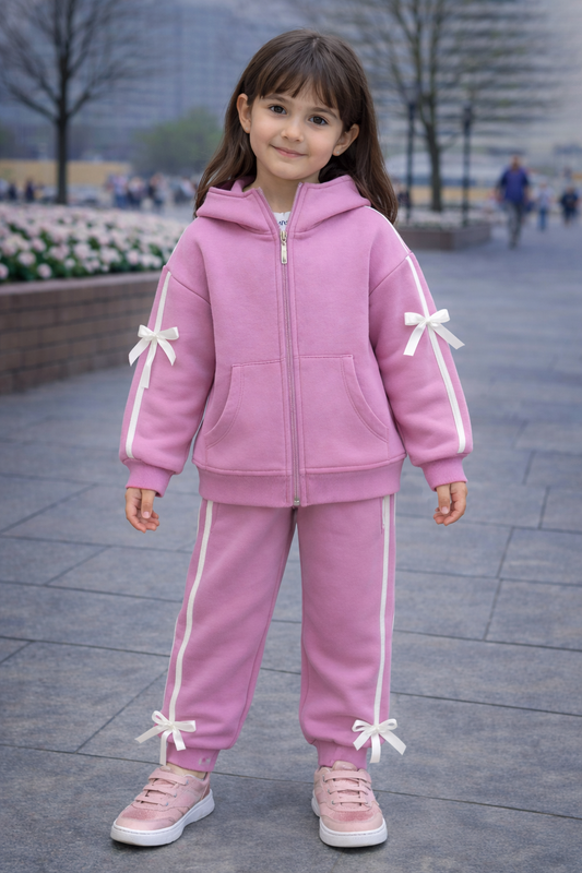 Детски спортен комплект за момиче – розов с декоративни панделки