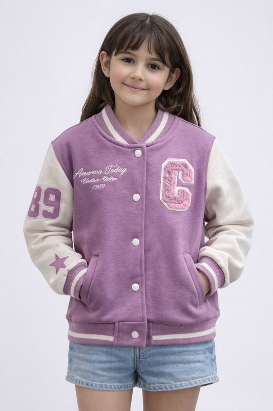 Детско суичер-яке тип колежанка за момиче – лилаво с апликации