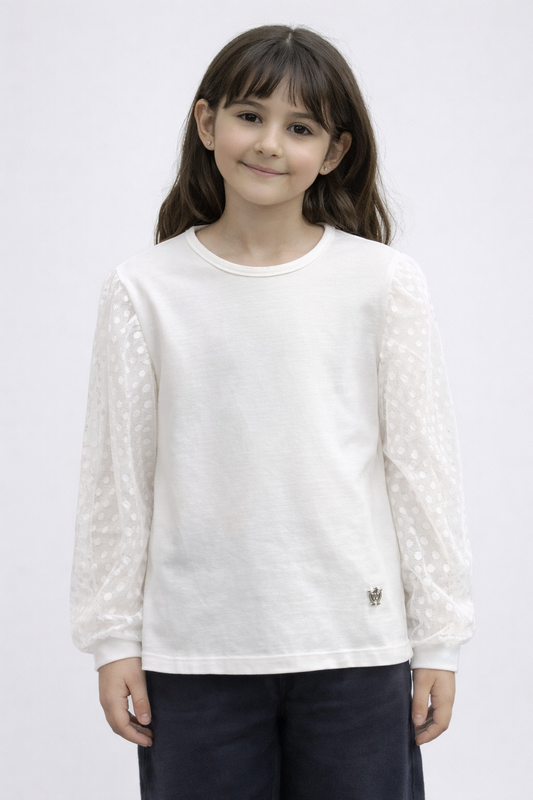 Детска блуза за момиче с тюлени ръкави – бяла