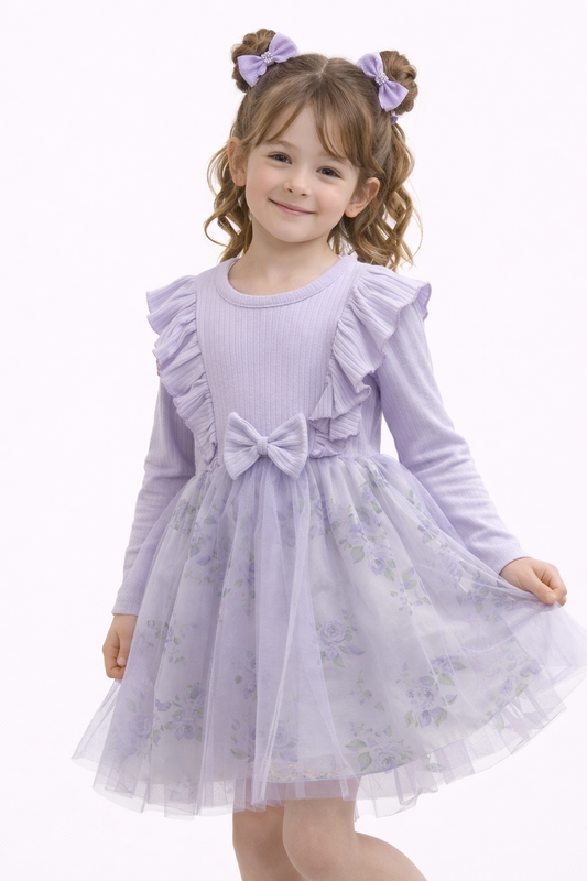 Детска рокля с тюл и панделка – лилава принцеса