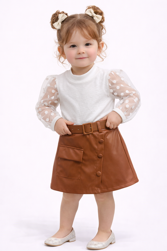 Елегантен комплект за момиче с блузка от тюл и кожена пола