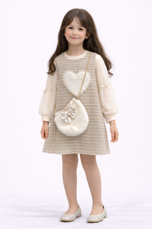 Елегантна детска рокля с тюлени ръкави и сърце – кремаво бежова