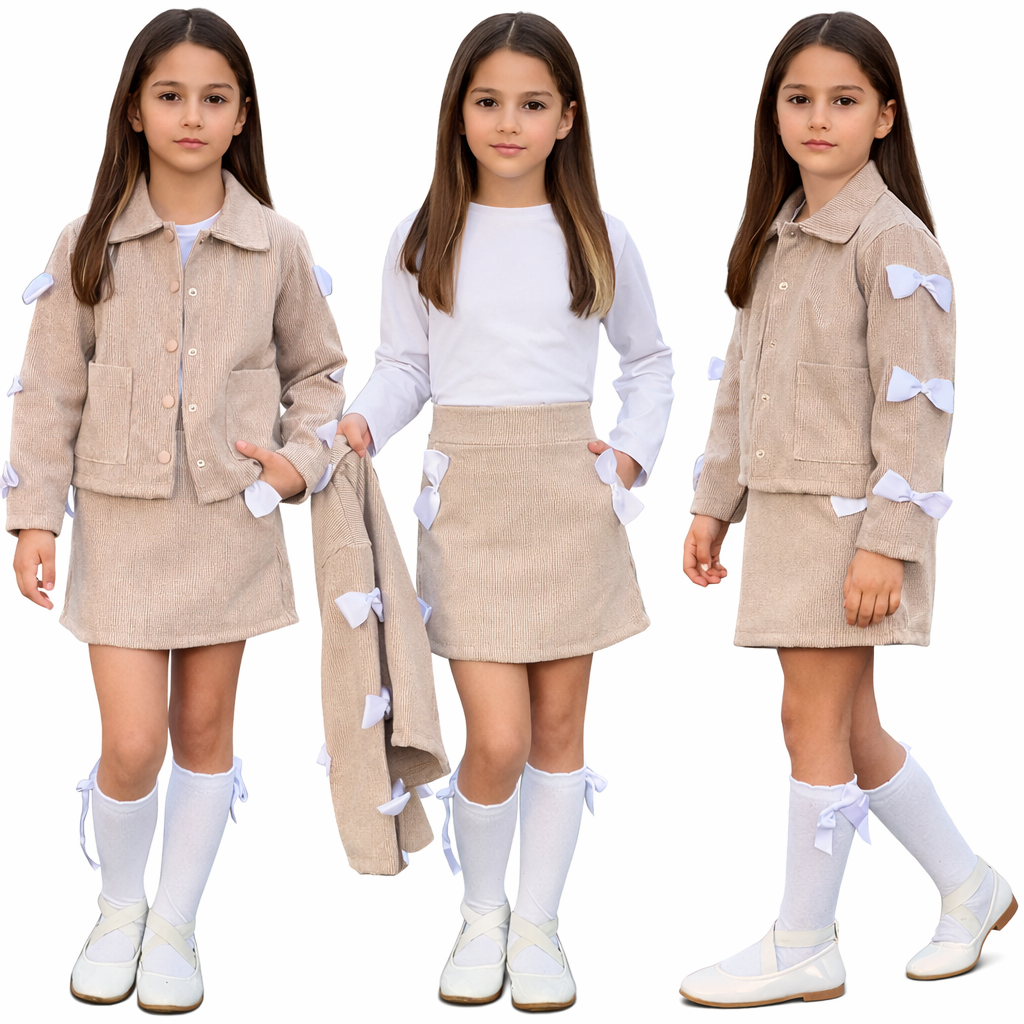 Детски елегантен комплект пола със сатенени панделки и сако