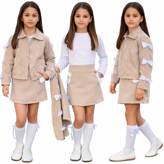 Детски елегантен комплект пола със сатенени панделки и сако