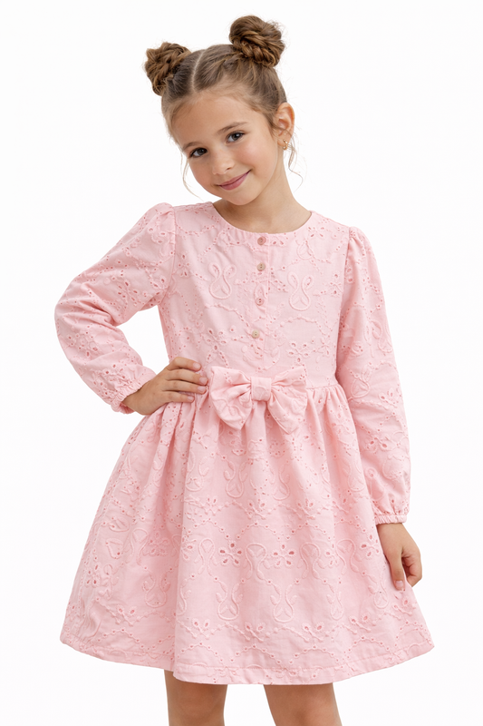 Детска рокля за момиче с бродерия и панделка – розова