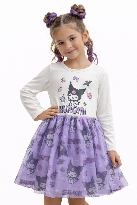 Детска рокля за момиче Kuromi с тюлена пола – бяла и лилава