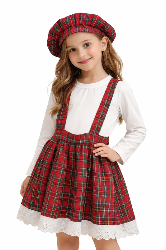 Детски комплект за момиче – рокля с тиранти и шапка с ластик в каре