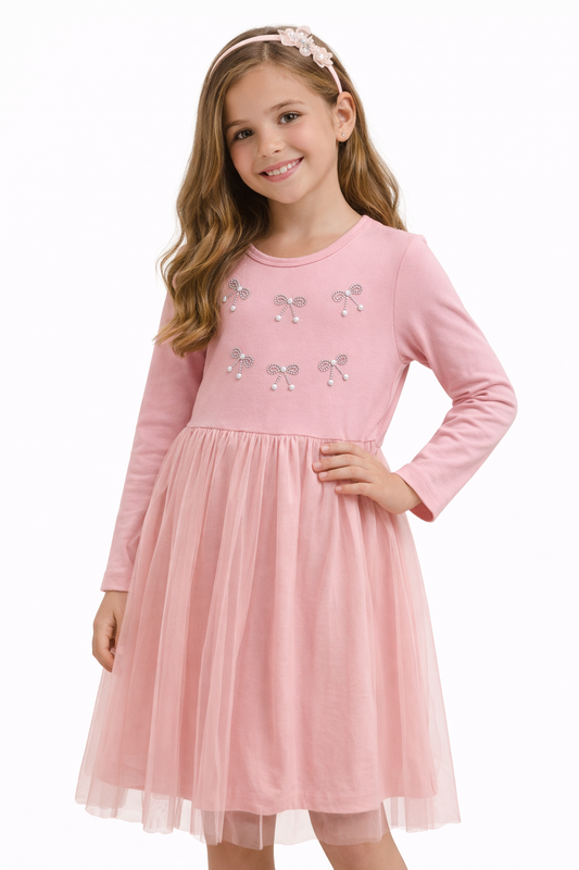 Детска рокля за момиче с тюл и декоративни панделки – розова