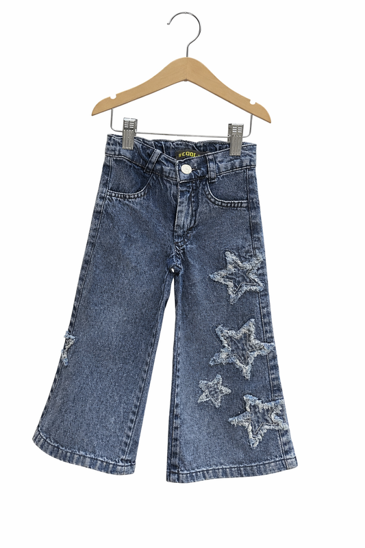 Детски дънки за момиче с апликации – чарлстон модел, средно тъмносин деним
