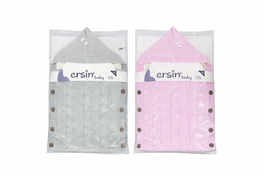 Плетен бебешки спален чувал с качулка – розов и сив