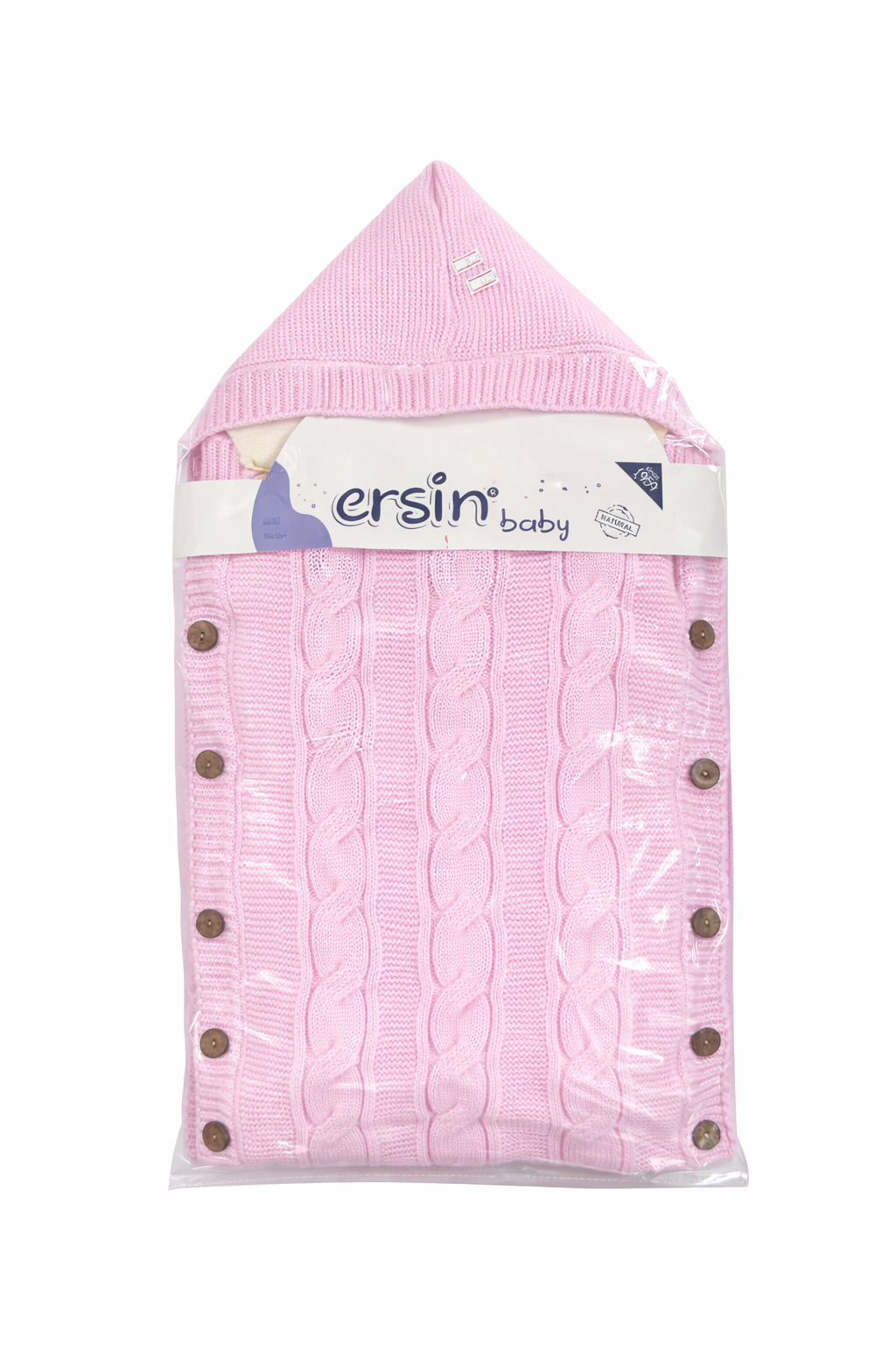 Плетен бебешки спален чувал с качулка – розов и сив