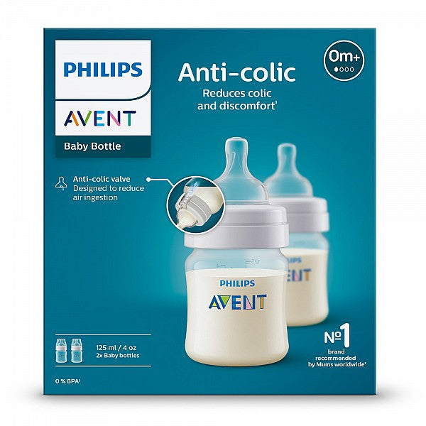 Комплект от 2 бр. шишета за хранене Anti-Colic 125 мл, с биберон със сила на потока 1, 0м+ Philips AVENT SCY100/2