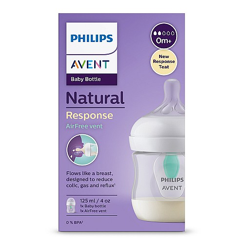 Шише за хранене Natural Response с клапа AirFree 125 мл с биберон без протичане Natural Response Поток 2, 0м+, Philips AVENT SCY670/01