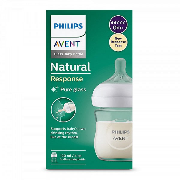 Стъклено шише за хранене Natural Response 120 мл с биберон без протичане Natural Response Поток 2, 0м+, Philips AVENT SCY930/01