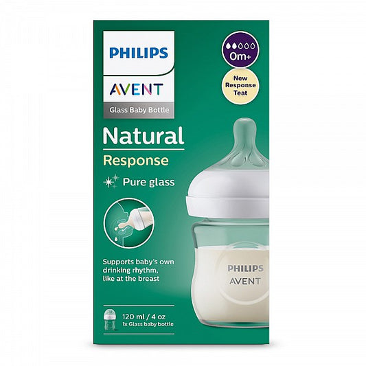 Стъклено шише за хранене Natural Response 120 мл с биберон без протичане Natural Response Поток 2, 0м+, Philips AVENT SCY930/01