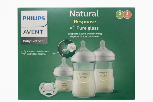 Подаръчен комплект за бебе Philips AVENT SCD878/11 с 3 стъклени шишета за хранене Natural Response с биберони без протичане и залъгалка