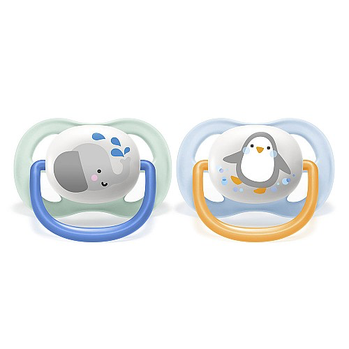 2 бр. ортодонтични залъгалки Philips AVENT SCF080/05 Ultra Air Animals 0-6м с декорация Слон и Пингвин в кутия за стерилизиране