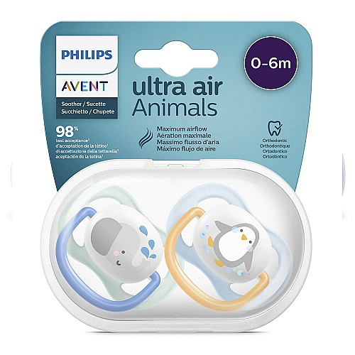 2 бр. ортодонтични залъгалки Philips AVENT SCF080/05 Ultra Air Animals 0-6м с декорация Слон и Пингвин в кутия за стерилизиране