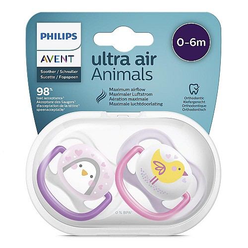 2 бр. ортодонтични залъгалки Philips AVENT SCF080/06 Ultra Air Animals 0-6м с декорация Пингвин и Птица в кутия за стерилизиране