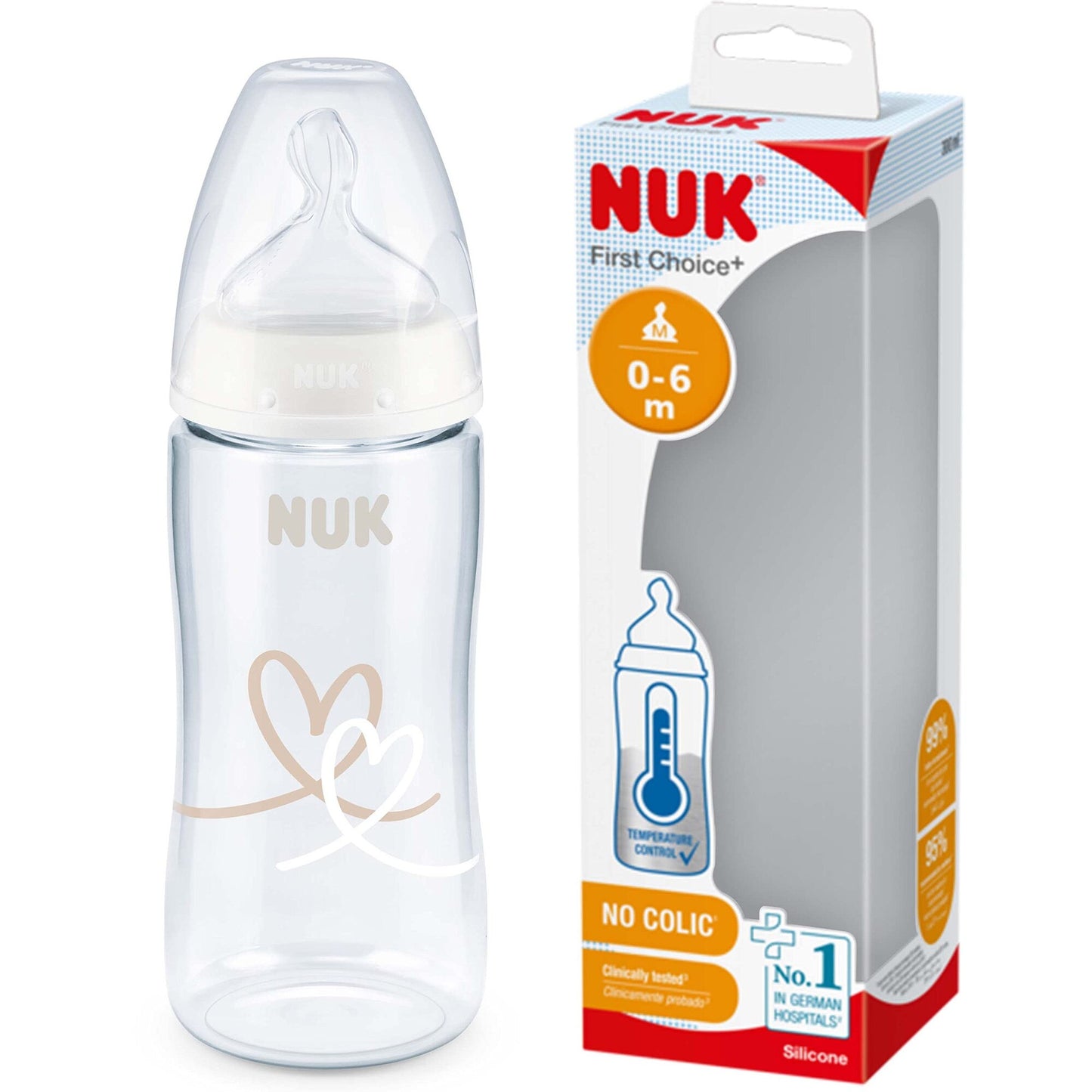 Бебешко шише NUK First Choice+ 0–6 месеца, силиконов биберон, антиколик, с температурен индикатор