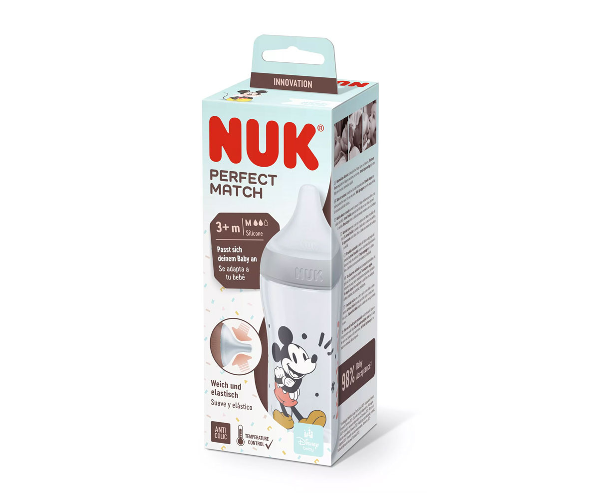 Бебешко пластмасово шише Nuk Termo Control Perfect Match, 260 мл, силиконов биберон M, 3м+, Mickey сиво