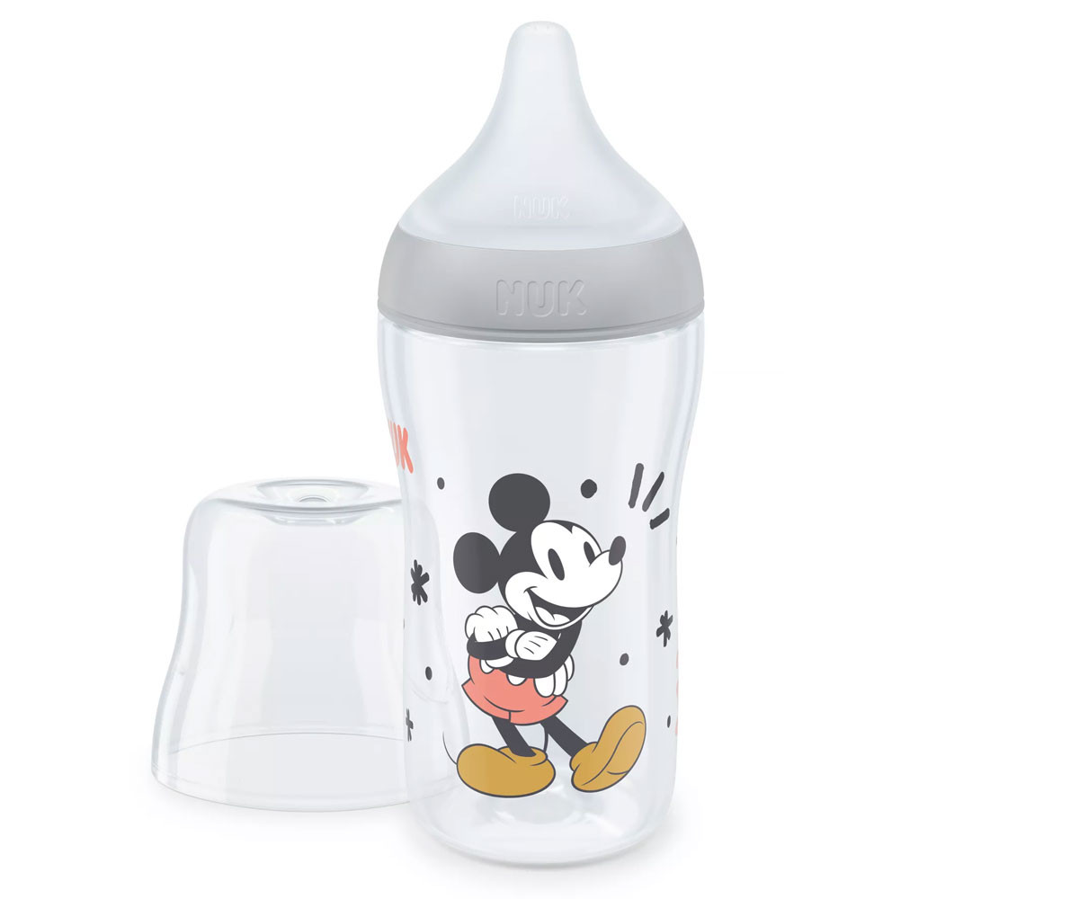 Бебешко пластмасово шише Nuk Termo Control Perfect Match, 260 мл, силиконов биберон M, 3м+, Mickey сиво