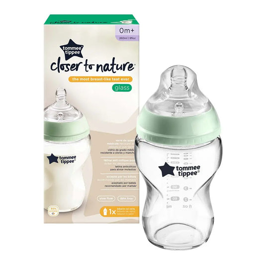 Tommee Tippee Стъклено шише за хранене Easi-Vent 250 мл с биберон с бавен поток, 0м+