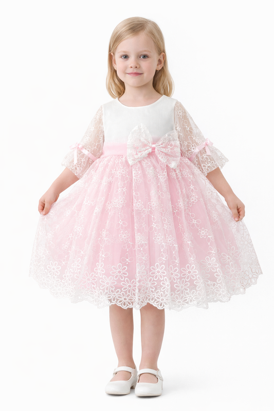 Официална детска рокля за момиче с дантела – розово и бяло