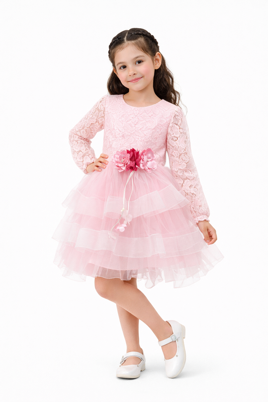 Детска официална рокля с дантела и тюл в розово