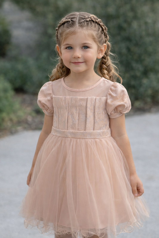 Детска официална рокля с тюл и панделка – пудра розово